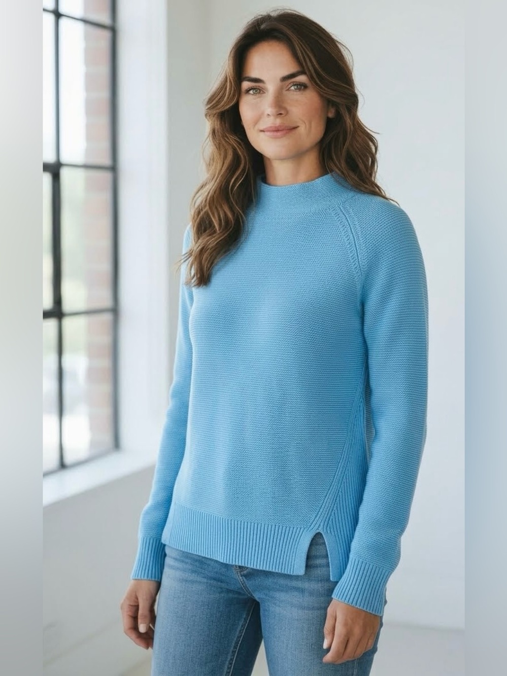 Kinross Blue Cotton Garter Stitch Funnel Neck Sweater Size S